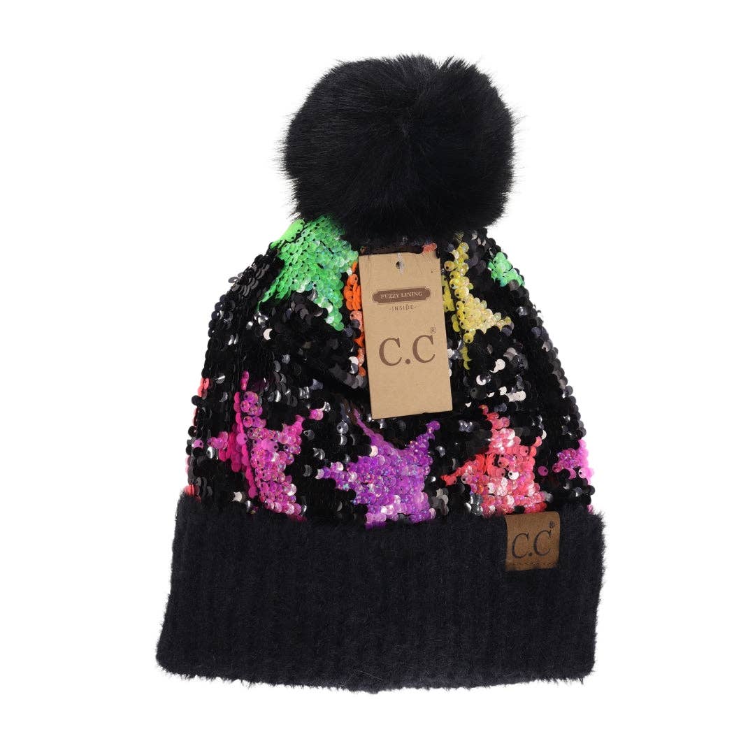Sequin Star Faux Fur Pom C.C Beanie HTE0017: Green/Orange Stars