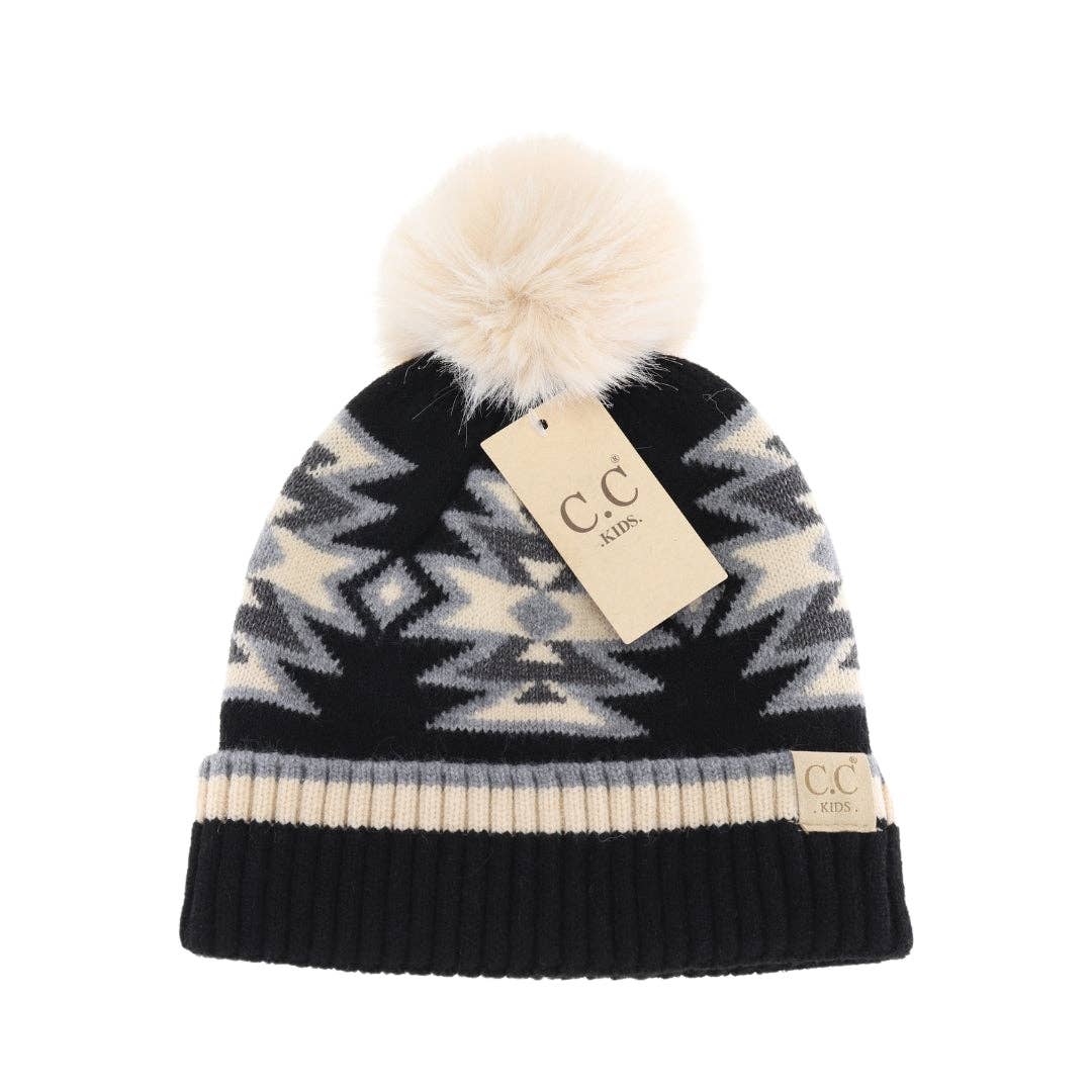 KIDS Southwestern Faux Fur Pom C.C Beanie KDHTE0030: Beige