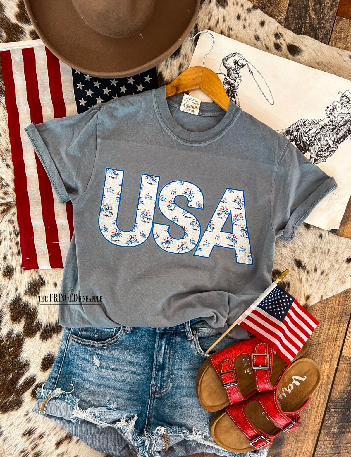 Western 4th Of July- USA Cowgirl Slate Blue Tee