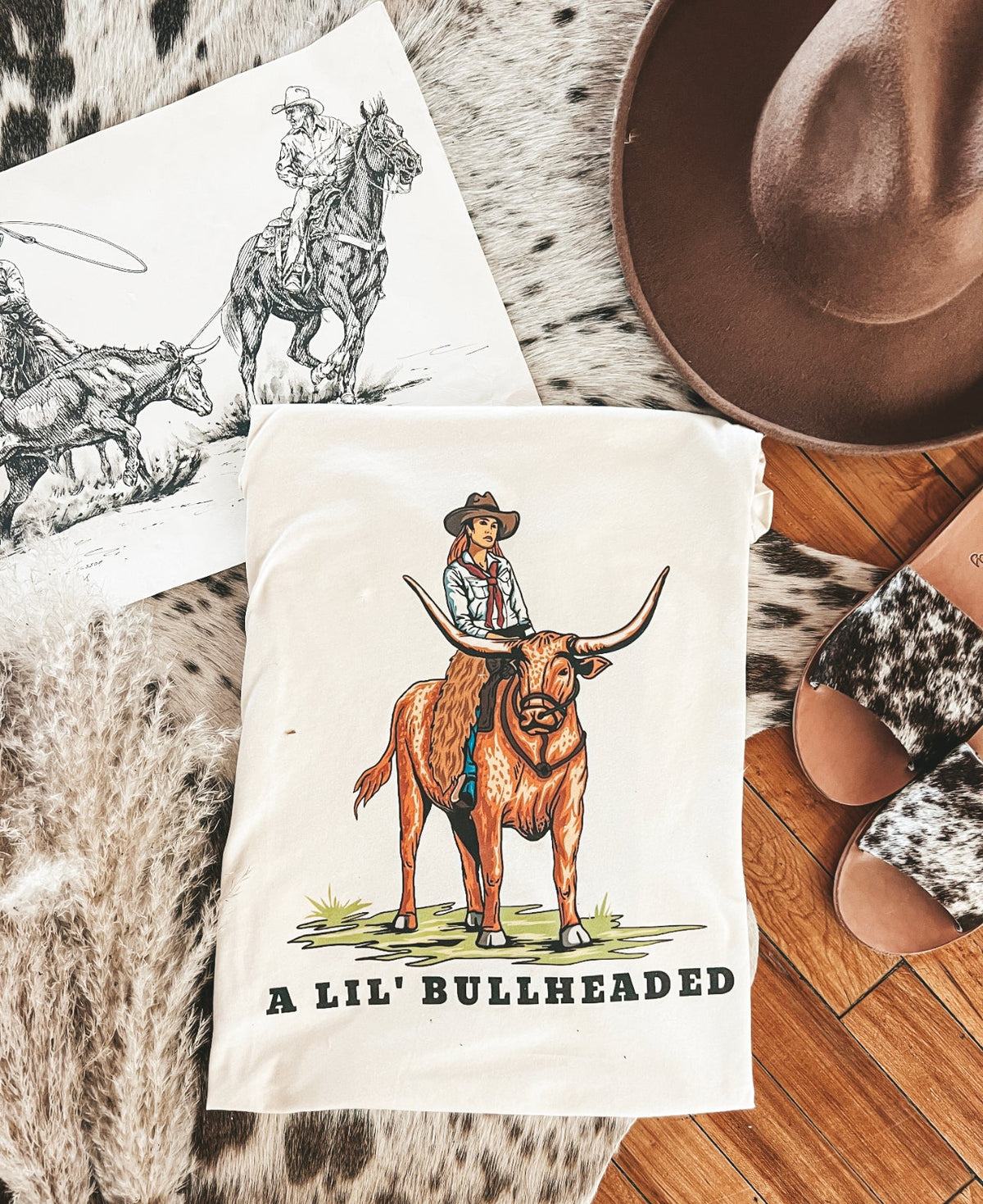 Longhorn Cowgirl Tee or Sweatshirt (Adult)(Cream)