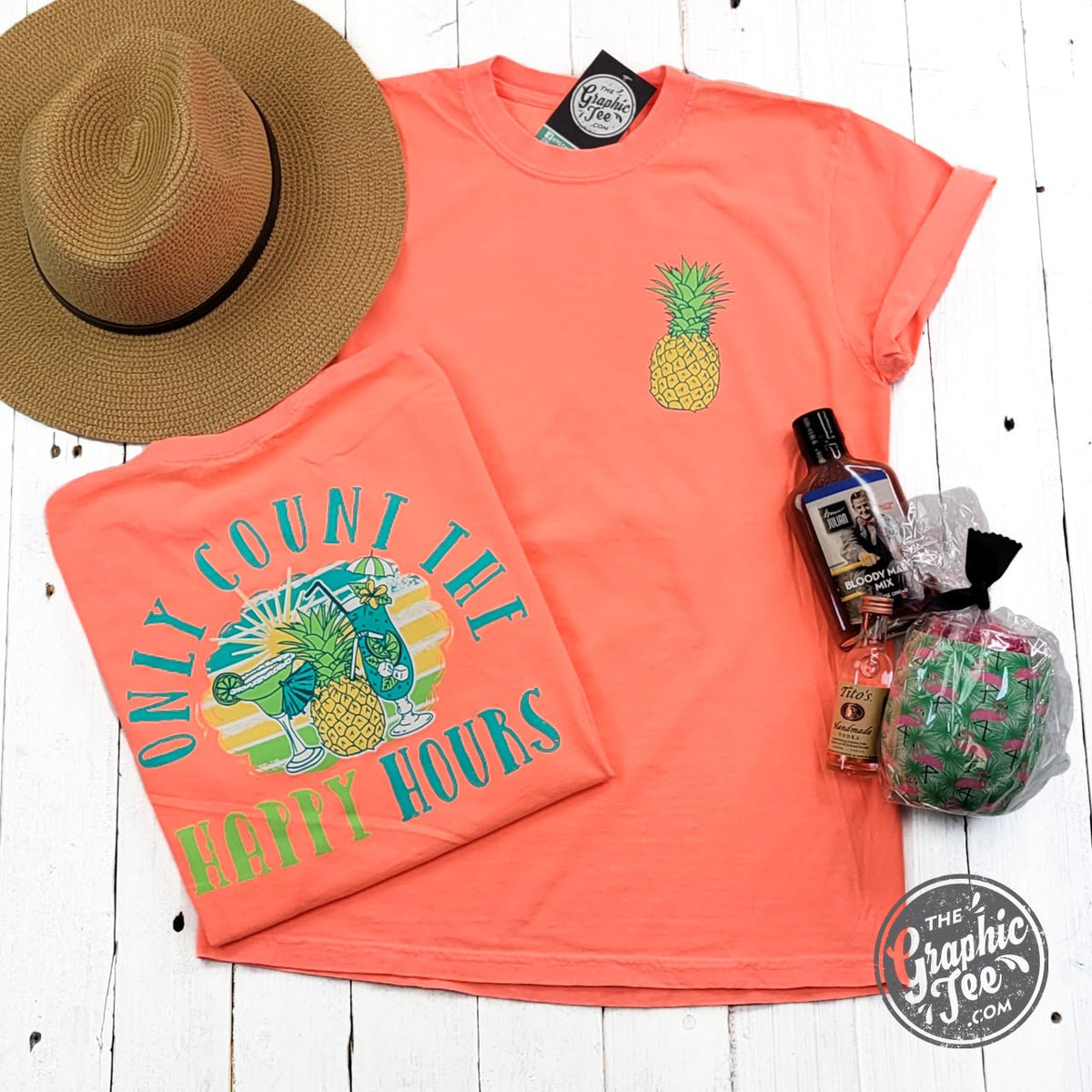 Only Count the Happy Hours Neon Comfort Colors Short Sleeve Crew Neck Tee