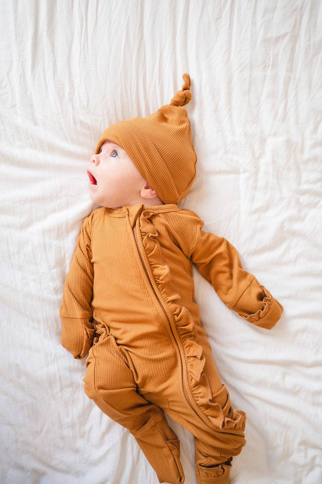 Ruffle Zipper One Piece - Caramel Ribbed: Newborn