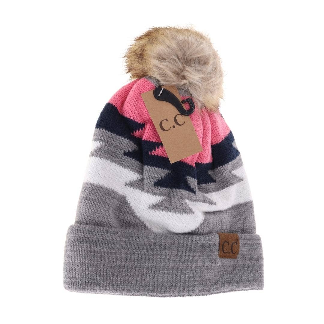 Aztec Natural Faux Fur Pom C.C Beanie Taupe