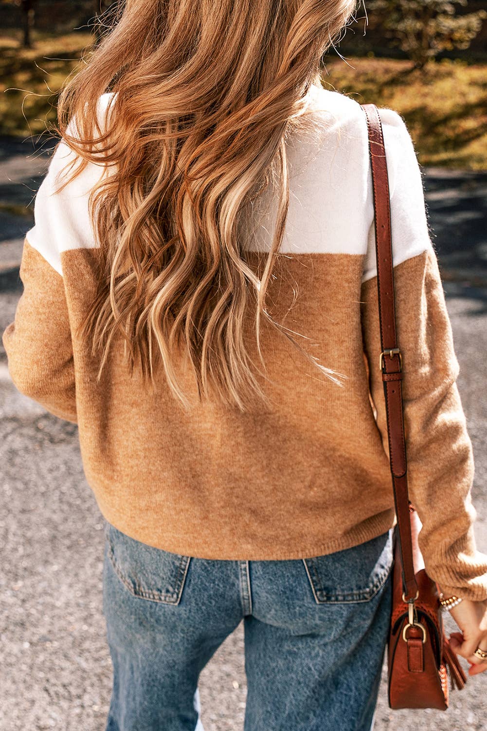 Colorblock Ribbed Trim Round Neck Sweater: Straw Yellow