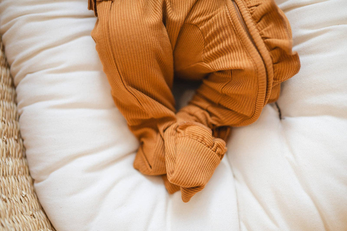 Ruffle Zipper One Piece - Caramel Ribbed: 3-6 Months