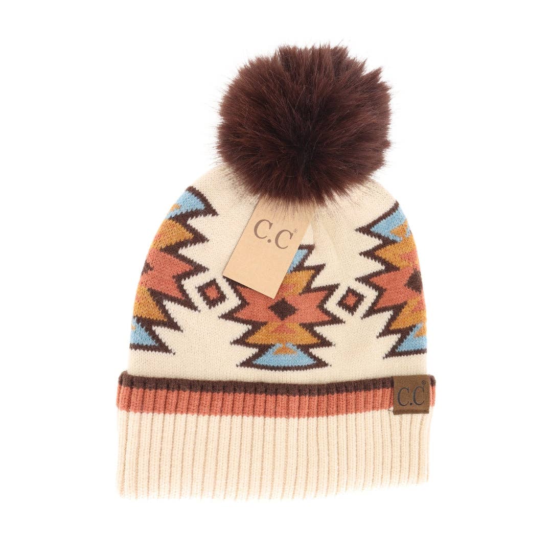 Southwestern Faux Fur Pom C.C Beanie HTE0030: Ivory