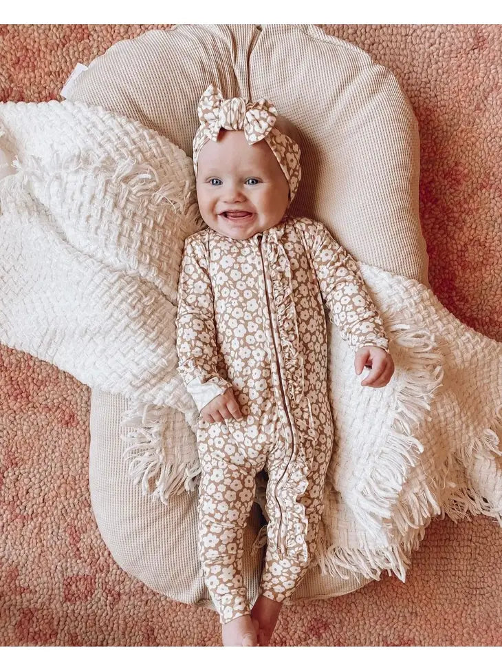 Ruffle Zipper One Piece - Mocha Ditsy Floral