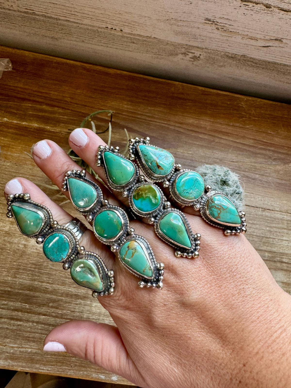 Long adjustable turquoise rings on brass silver