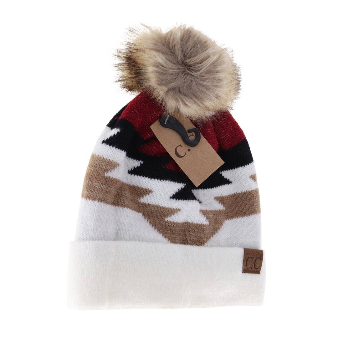Aztec Natural Faux Fur Pom C.C Beanie Taupe