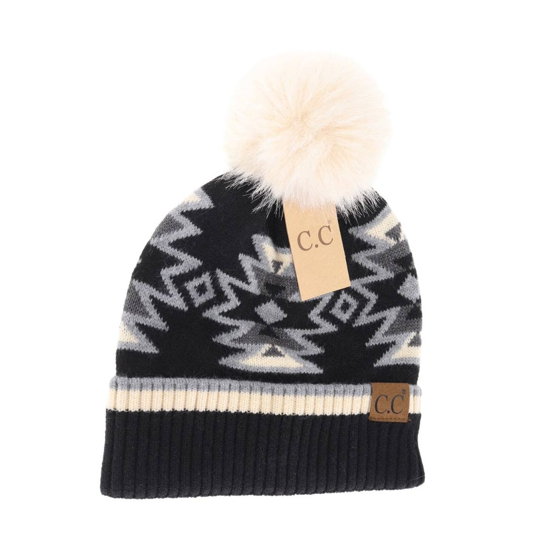 Southwestern Faux Fur Pom C.C Beanie HTE0030: Ivory