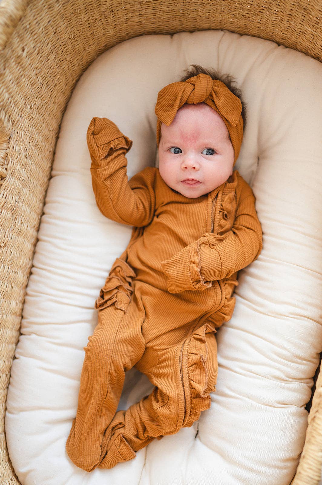 Ruffle Zipper One Piece - Caramel Ribbed: Newborn