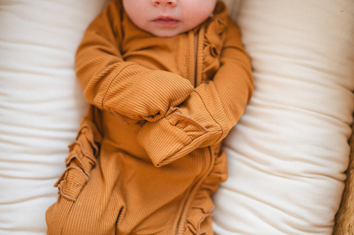 Ruffle Zipper One Piece - Caramel Ribbed: 6-9 Months