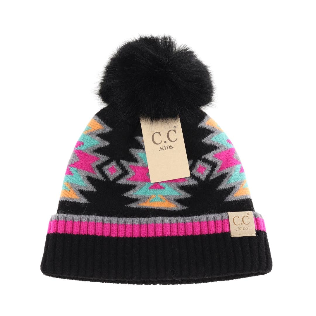 KIDS Southwestern Faux Fur Pom C.C Beanie KDHTE0030: Beige
