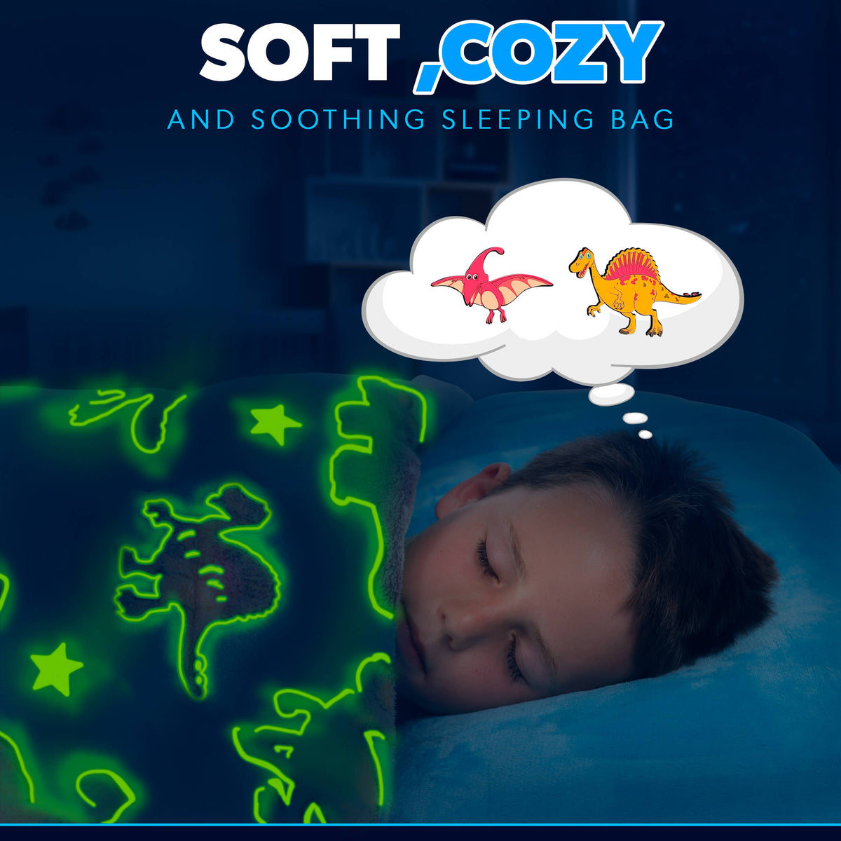 Glow In The Dark Dinosaurs Sleeping Bag, Soft and Cozy