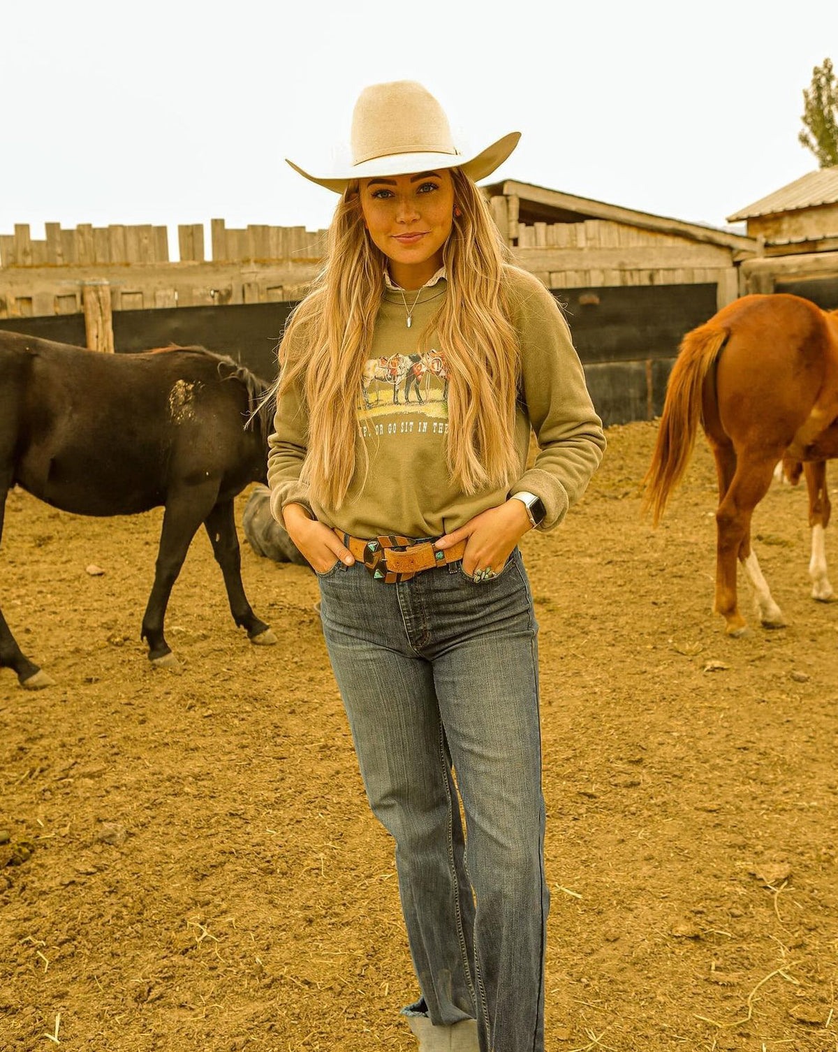 Saddle Up or Go Sit in the Truck Sweatshirt or Tee(Adult)(Green)