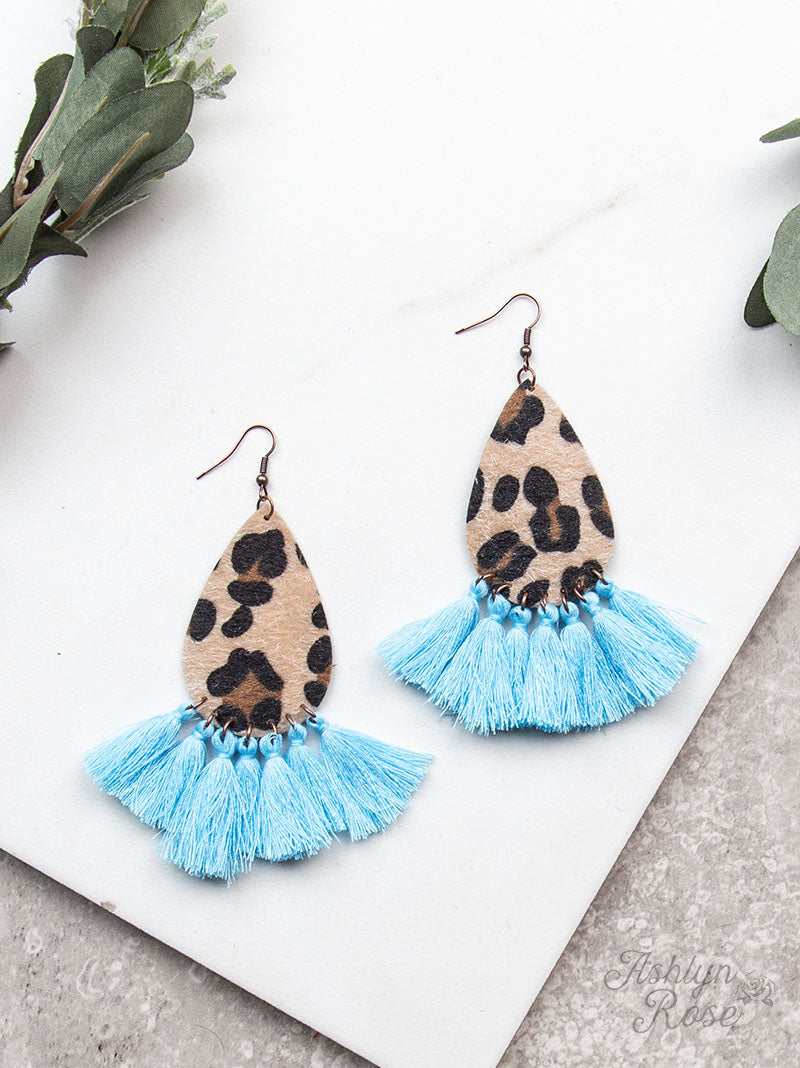 Drop Everything Earrings with Fringe Tassels, Light Blue- SALE