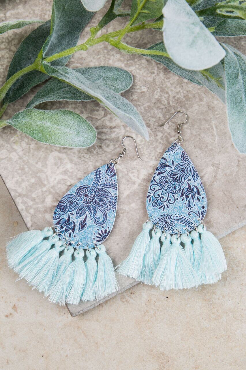 Pretty in Paisley Leather Teardrop Earrings, Light Blue- SALE