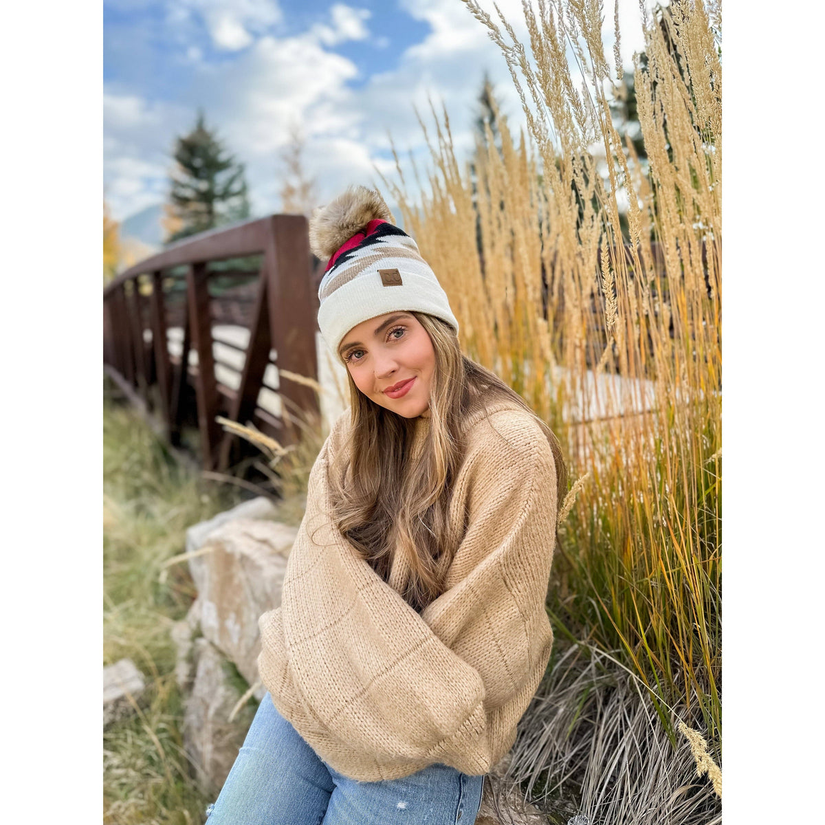 Aztec Natural Faux Fur Pom C.C Beanie Taupe
