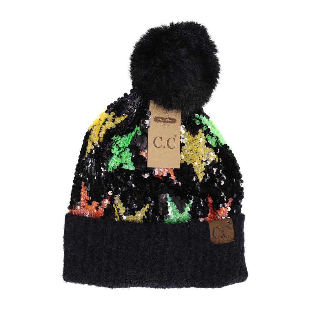 Sequin Star Faux Fur Pom C.C Beanie HTE0017: Multi Color Stars