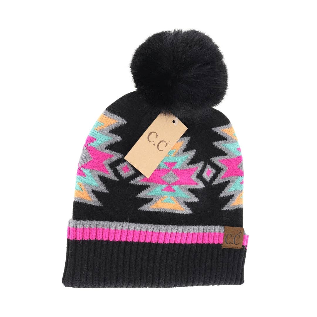 Southwestern Faux Fur Pom C.C Beanie HTE0030: Ivory