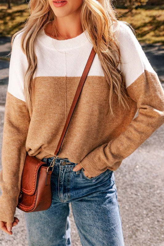 Colorblock Ribbed Trim Round Neck Sweater: Straw Yellow