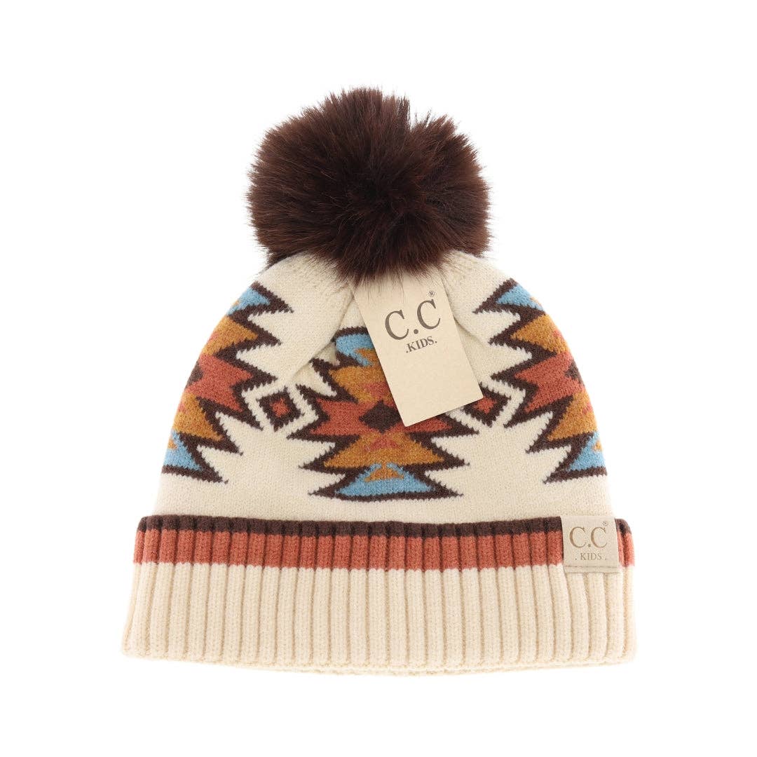 KIDS Southwestern Faux Fur Pom C.C Beanie KDHTE0030: Black Multi