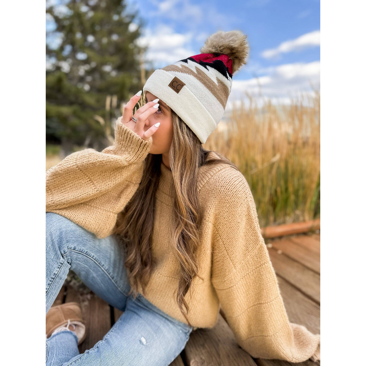 Aztec Natural Faux Fur Pom C.C Beanie Taupe