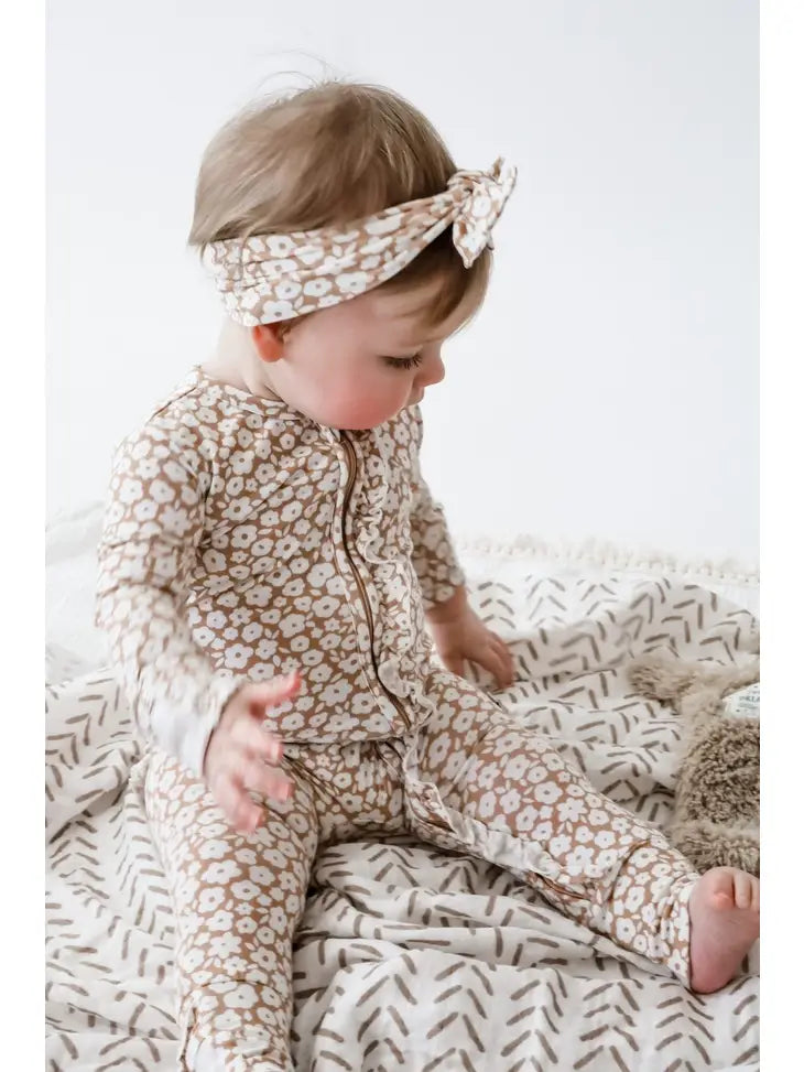 Ruffle Zipper One Piece - Mocha Ditsy Floral