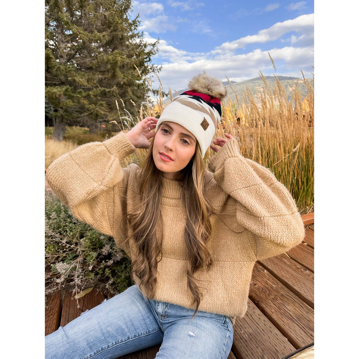 Aztec Natural Faux Fur Pom C.C Beanie Taupe