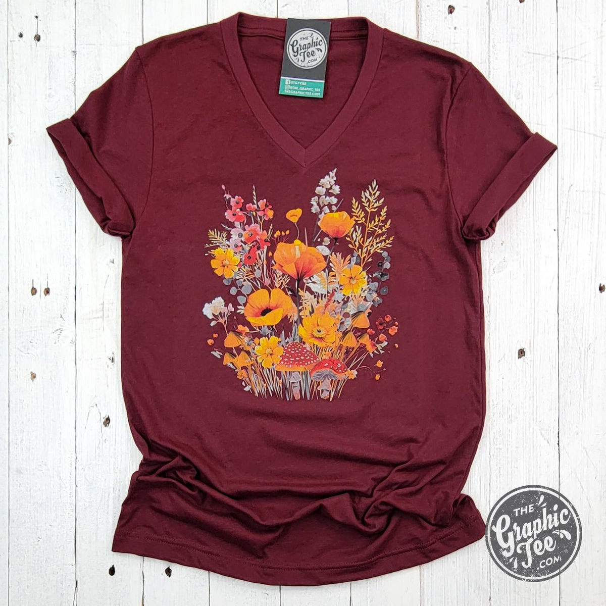 Fall Boho Floral Heather Cardinal Crew Neck Short Sleeve Tee