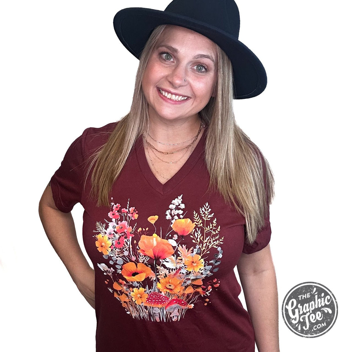 Fall Boho Floral Heather Cardinal Crew Neck Short Sleeve Tee