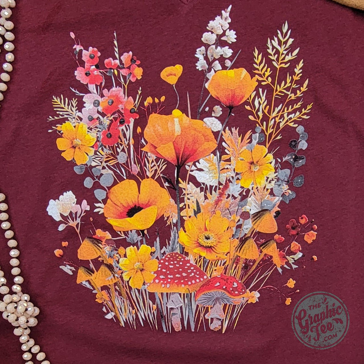 Fall Boho Floral Heather Cardinal Crew Neck Short Sleeve Tee