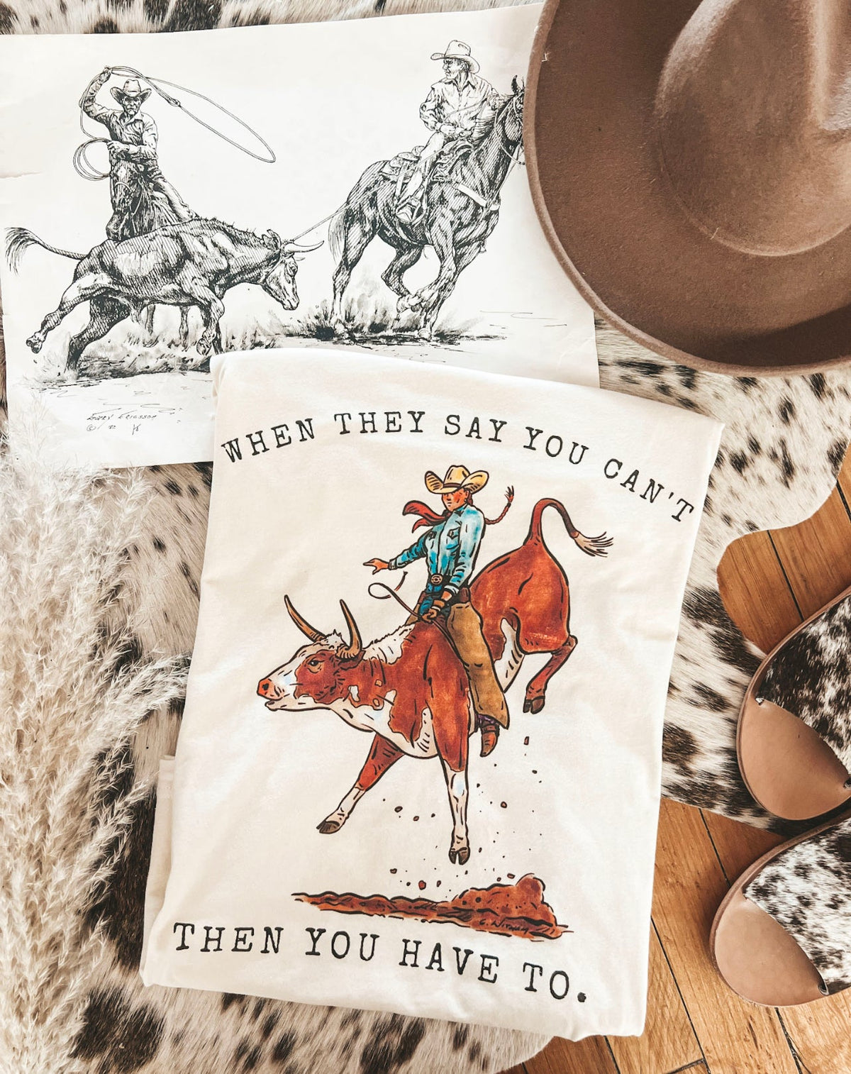 Bull Rider Cowgirl Tee or Sweatshirt(Adult)(Cream)