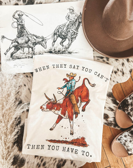 Bull Rider Cowgirl Tee or Sweatshirt(Adult)(Cream)