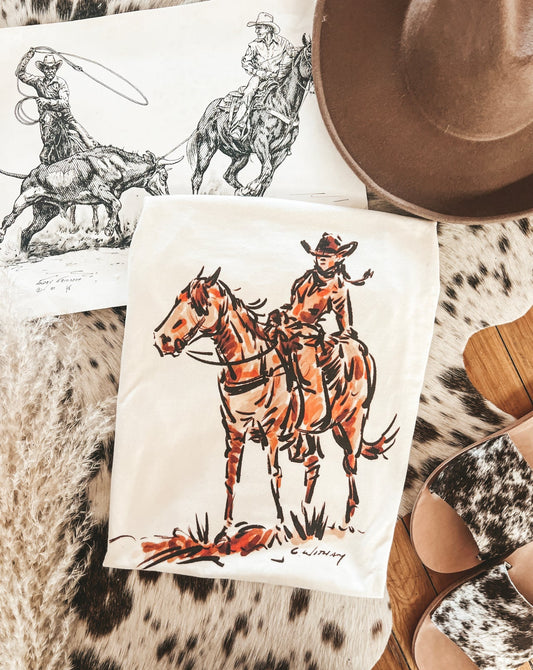Lone Rider Cowgirl Tee or Sweatshirt (Adult)(Cream)