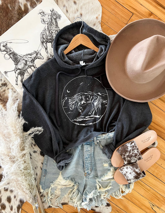 Midnight Horse Cropped Hoodie (Adult)(Vintage Black)