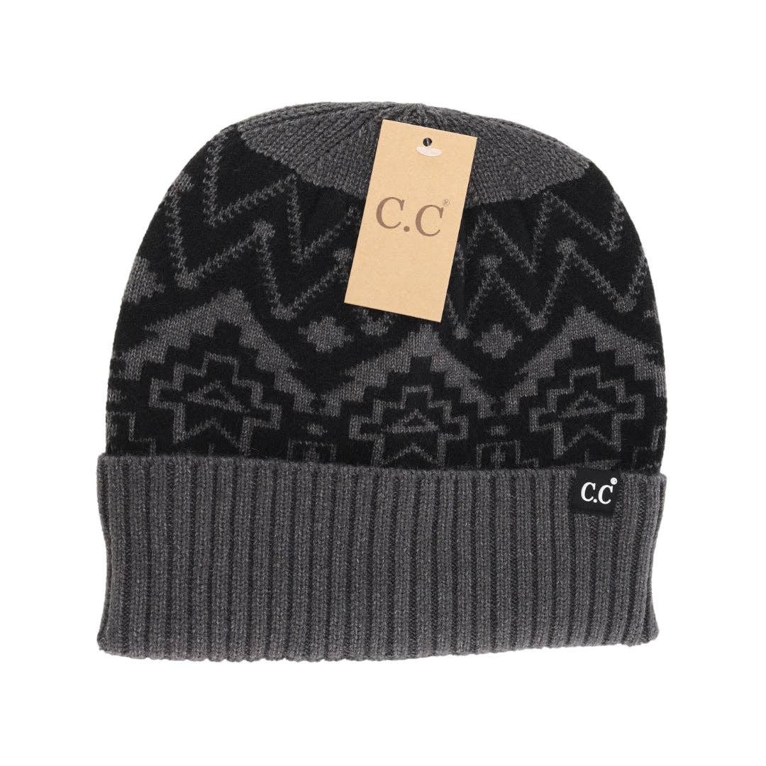 Unisex Cuffed Southwestern Print C.C Beanie Dark Grey