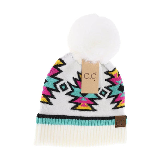 Southwestern Faux Fur Pom C.C Beanie HTE0030: Ivory