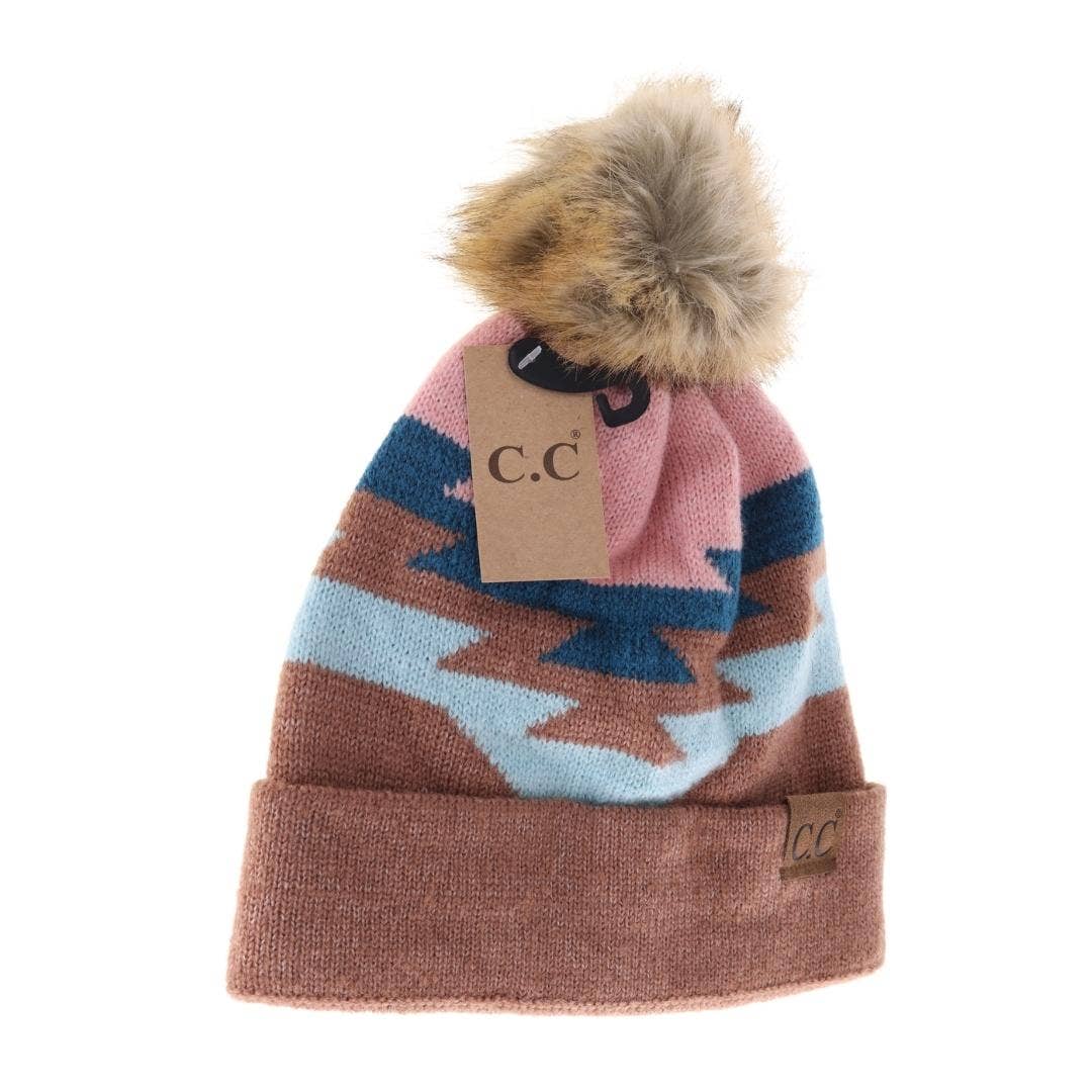 Aztec Natural Faux Fur Pom C.C Beanie Taupe