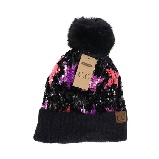Sequin Star Faux Fur Pom C.C Beanie HTE0017: Pink/Purple Stars