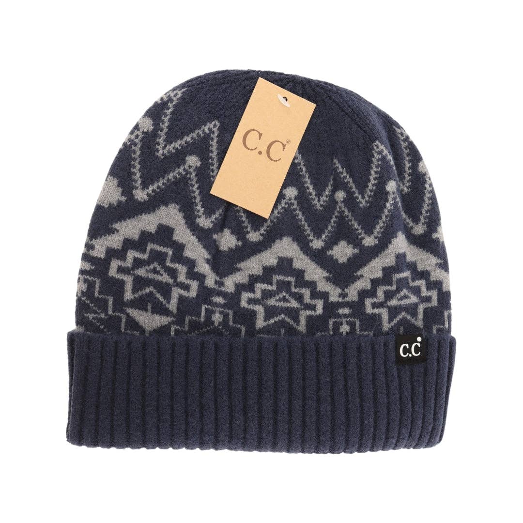 Unisex Cuffed Southwestern Print C.C Beanie Navy