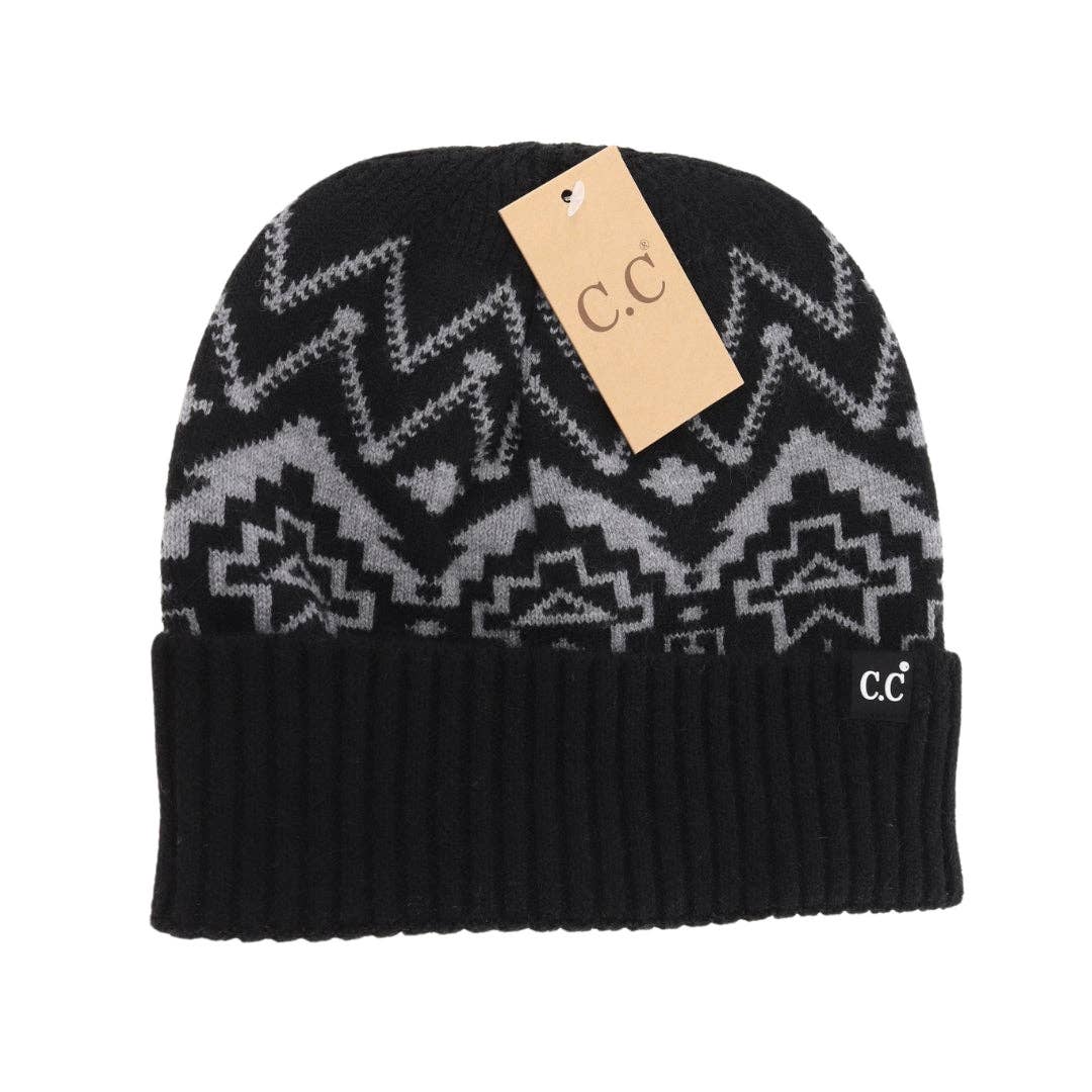 Unisex Cuffed Southwestern Print C.C Beanie Black