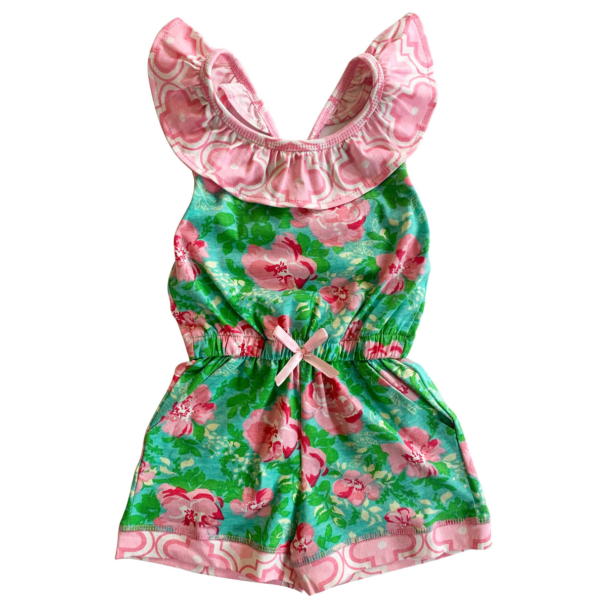 Girls Pink Green Floral Ruffle Jumpsuit Romper Kids Clothes